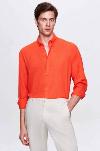 D'S Damat Ds Damat Comfort Πορτοκαλί Πουκάμισο με Πέτο με Πόμολα Άνετο Λινό Πουκάμισο 100% Βαμβάκι