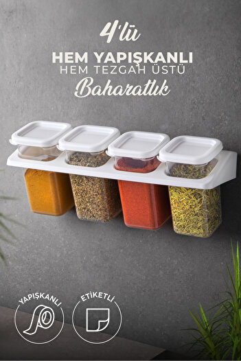 Kitchen Life Self-Adhesive Square Spice Rack Set with 4 Labels Stand - Food Storage Container Set