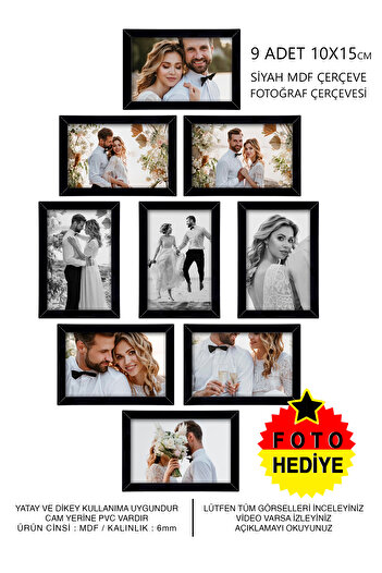Bytwo 9 PCS 10X15 BLACK FRAME MDF - MULTI PHOTO FRAME