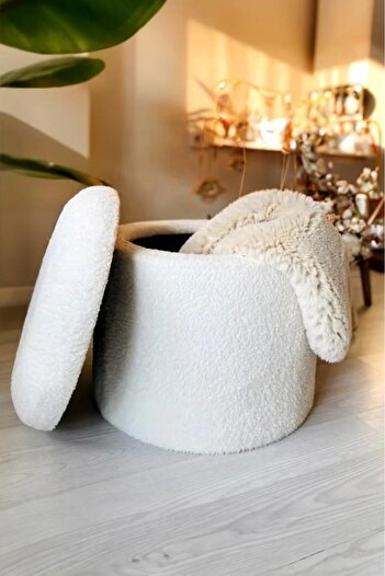 Niron Teddy Xl Puf - El Yapımı Pofuduk Ekru Sandıklı Silindir Puf - Çok Amaçlı Dekoratif Bench