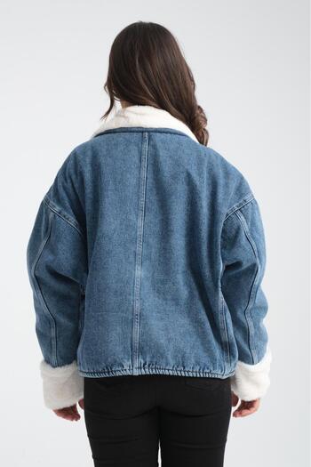 DENİKK Trend with Fur Inside Soft Feather Waist Adjustable Pocket Jeans Denim Jacket Coat