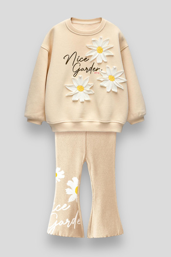 Magu Daisy Detailed Cotton Sweatshirt Spanish Leggings Bottom-Top Set Girls