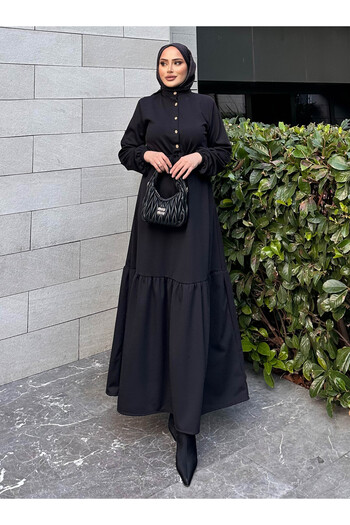 SAHRA BUTİK Φόρεμα Burgu Kumastan Half Placket - Μαύρο - SAHRA BUTİK