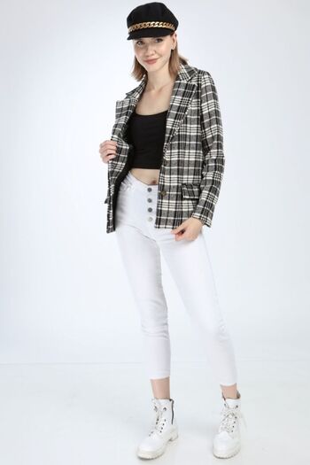 Azra Moda Style Plaid Checked Lined Button Closure Jacket White Gray Color Women