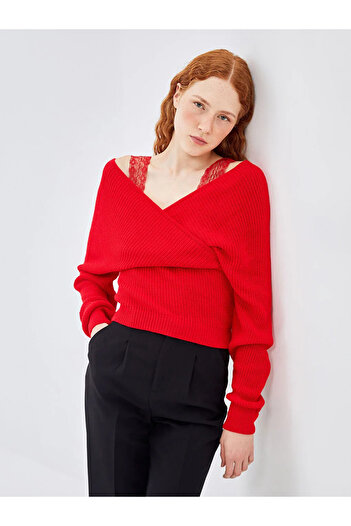 LC Waikiki Red Double Breasted Collar Women's Knitwear Sweater