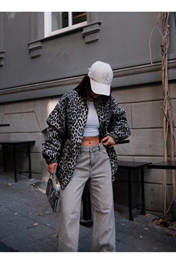 ForOre Leopard Gabardin Quilted Inside Zippered Coat Jacket