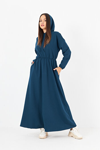 ESPİNA Women's 2 Thread Long Dress with Drawstring Waist, Hood and Pockets