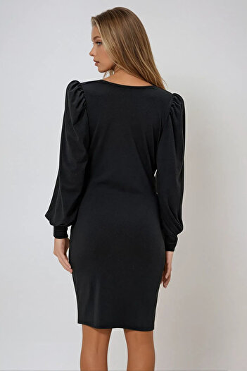 VAGGON Black Mini Dress - Degaje Collar, Princess Sleeve, Knitted Crepe, Seasonal Prm1322