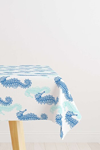 Cango Home Blue and White Marine Themed Seahorse Patterned Digital Printed Tablecloth Cgh629-ms