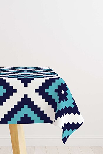 Cango Home Blue and White Ethnic Diamond Patterned Digital Printed Tablecloth Otyk541-ms