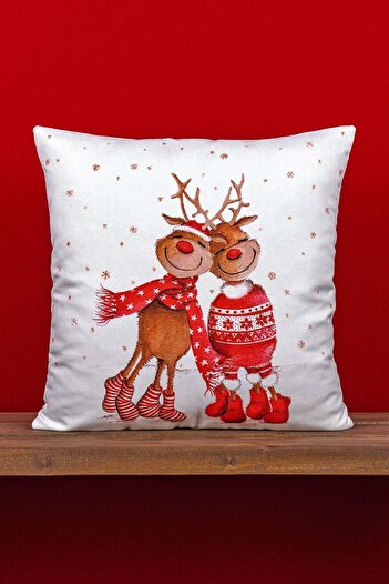 Cango Home Double Sided Red Deer New Year Themed Digital Printed Throw Pillow Cover -cgh1373-ct