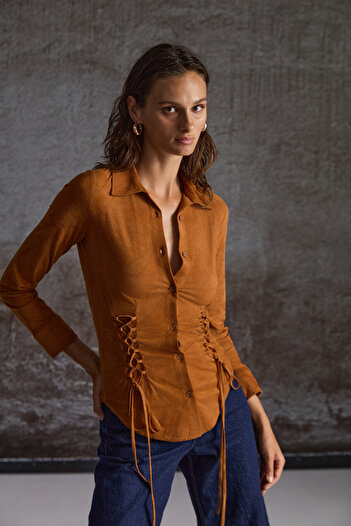 GRIMELANGE Bogotan Women's Slim Fit Body-Hugging Suede Waist-Tied Drawstring Brown Shirt