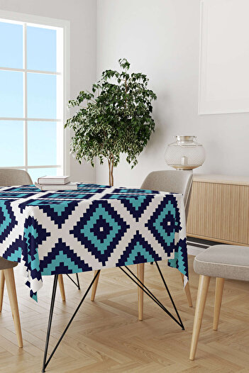 Cango Home Blue and White Ethnic Diamond Patterned Digital Printed Tablecloth Otyk541-ms