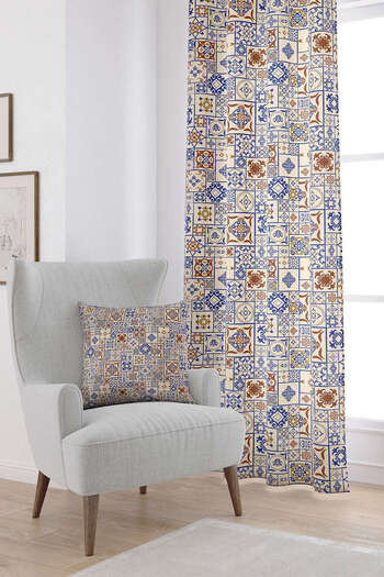 Cango Home Brown Blue Ethnic Tile Patterned Digital Printed Curtain Cgh611-pr