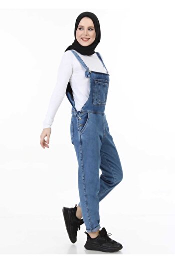 HARMAN BUTİK Women's Strap with Pocket Jeans Jumpsuit