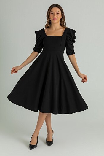 lovebox Women's Crepe Fabric Short Sleeve Square Collar Midi Length Black Dress 080