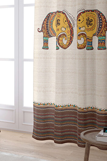 Cango Home Cream Ethnic Elephant Patterned Digital Printed Curtain Cgh1255-2-pr