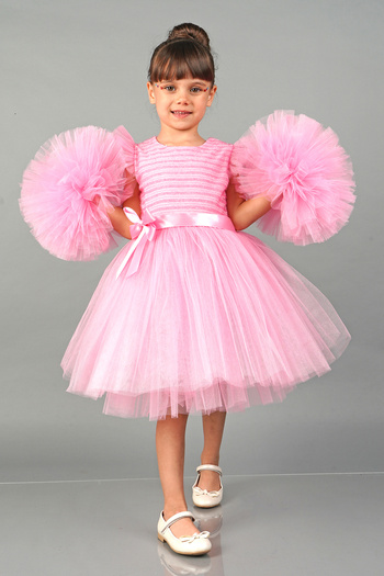 Mixie Pink Pompom Sleeves Tulle Girls' Evening Dress Party Dress