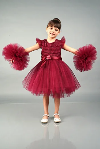 Mixie Burgundy Pompom Sleeves Tulle Girls' Evening Dress Party Dress
