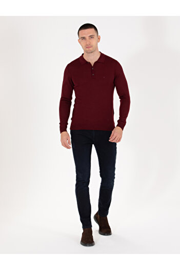 Pierre Cardin Kırmızı Slim Fit Polo Yaka Yün Karışımlı Basic Triko Kazak 50257322-VR030