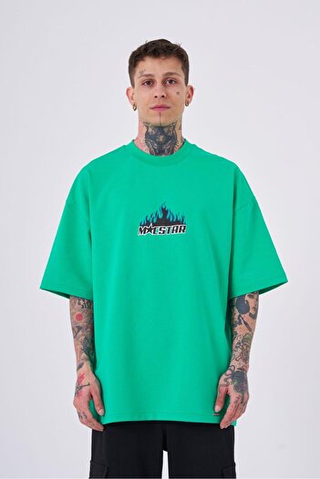 Machinist Men's Macstar Flame Printed Oversize Light Green T-Shirt