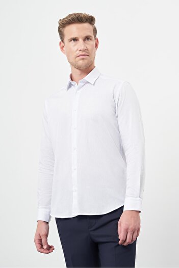 İmza Сорочка з жорстким коміром без кишень, біла в смужку, габардин - Classic Slim Fit, бавовна 1004245205