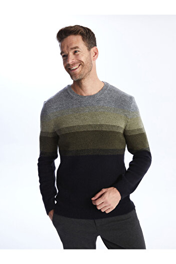 LC Waikiki Men's Knitwear Sweater - Crew Neck, Long Sleeve, Color Block