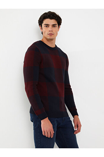 LC Waikiki Crew Neck Long Sleeve Plaid Men's Knitwear Sweater