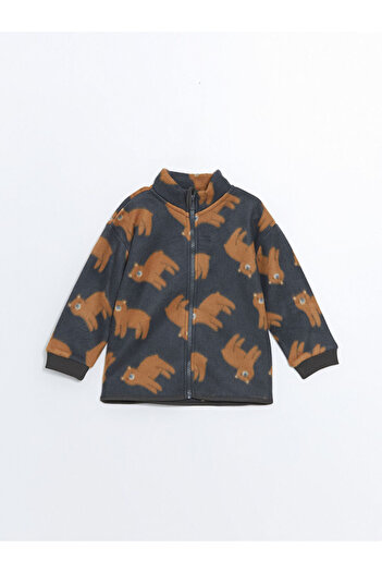 LC Waikiki Lcw Baby Men's Fleece - Dark Gray Printed, Stand Collar, Long Sleeve Zippered Sweatshirt