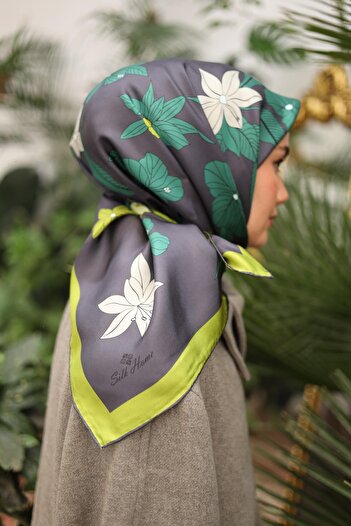 Silk Home Antrasit Yeşil Çiçek Desenli Tivil İpek Eşarp-11441-15-KVS0419