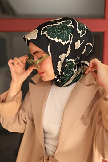 Silk Home Green Navy Leaf Pattern Tivil Silk Scarf-11440-15-Kvs0438