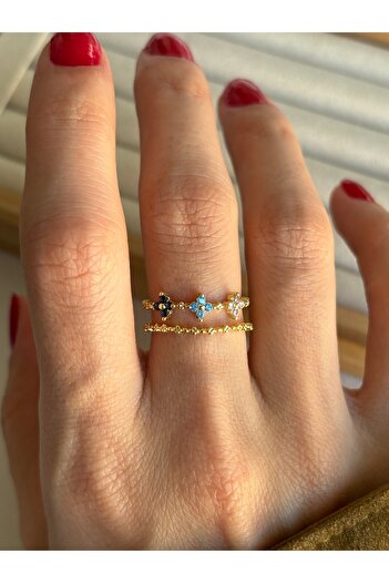 ringbox Mavi Çok Renkli İki Sıralı Yonca Yüzük