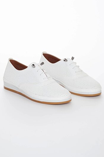GULT Genuine Leather Women's Casual Shoes White Laced Laser Embroidered