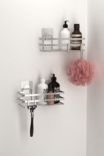 Teknotel 2 Pcs Bathroom Shelves - Adhesive, Hook and Shampoo Holder Silver St281H