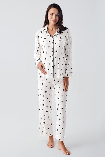 Artış Thermal Long Sleeve Buttoned Heart Pattern Stretchy Soft Textured Maternity Pajamas Suit