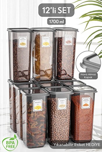 Meleni Home 12-Piece Jumbo Size Elisa Labeled Square Food Storage Container with Lid Anthracite 12 X 1.70 Lt Pulses Container