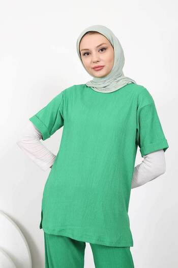 İmajButik Green Slit Short Sleeve Wrap Suit