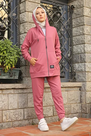 İmajButik Σετ αθλητική φόρμα Dusty Rose με κουκούλα και τσέπη με δύο κλωστές