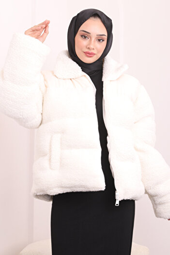 İmajButik Ecru Pocketed Plush Short Coat