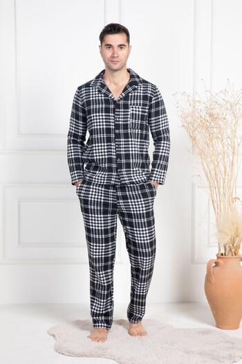 Mecit Pijama Men's Long Sleeve Checkered Winter Pajamas Set with Shirt Collar
