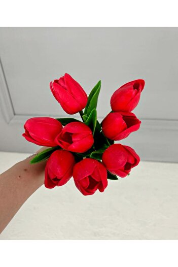 PEKİBU 8 Pieces Artificial Wet Tulip Bouquet 1St Quality Red