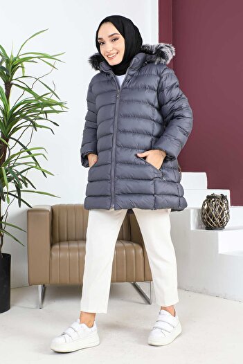İmajButik Gray Plus Size Hooded Short Puffer Coat