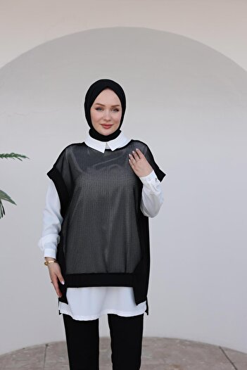 Armine Trend Shirt and Mesh Two-Piece Set-Black 24Kt662