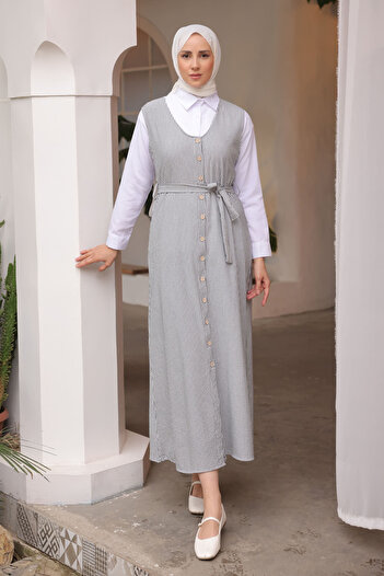 İmajButik Γκρι φόρεμα Gilet πουκάμισο με κουμπιά