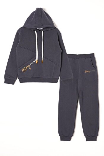 zepkids Hooded Long Sleeve Letter Printed Anthracite Color Boy's Tracksuit Set