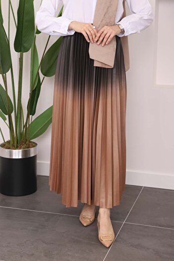 İmajButik Μακριά Camel Φούστα - Πλισέ και Χρώμα Λεπτομέρεια
