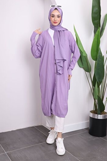 İmajButik Ζακέτα Mercerized με λιλά κουμπιά μακριά πλεκτά