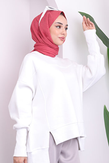 İmajButik Ecru Crew Neck με τρεις κλωστές Basic Sweat