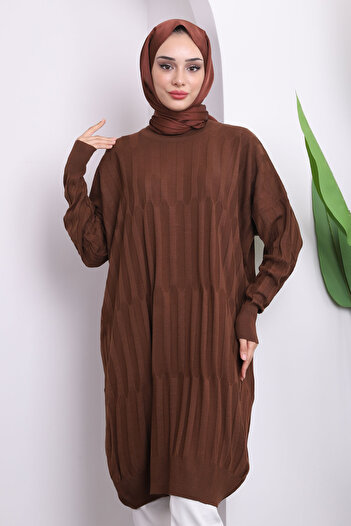 İmajButik Καφέ Crew Neck Mercerized Casual Knitwear Tunic