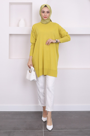 İmajButik Oil Green Crew Neck Mercerized Casual Knitwear Tunic